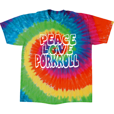 Adult Multicolor Moondance Spider Tye Dye Peace, Love, Pork Roll t-shirt