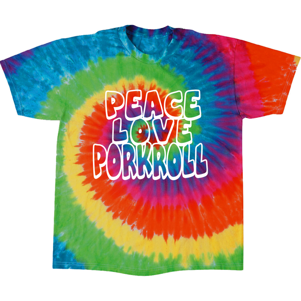 Adult Multicolor Moondance Spider Tye Dye Peace, Love, Pork Roll t-shirt