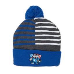 KNIT CAP BLUE/GREY/WHITE STRIPE FLAG POM