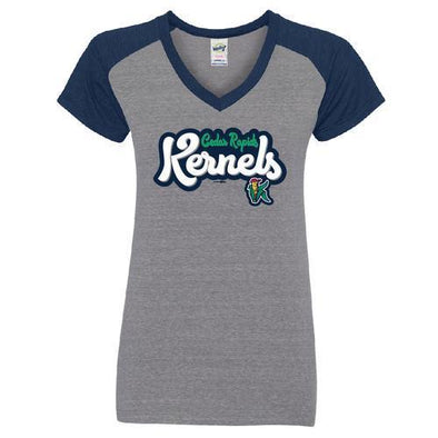 Cedar Rapids Kernels Ladies V neck Raglan T 2019