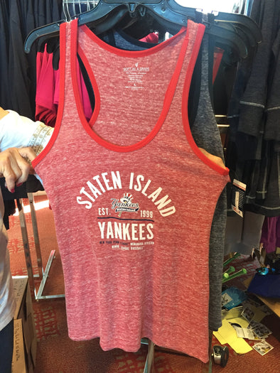 Staten Island Yankees Soft as a Grape Ladies Heather Red/Navy Tank Top