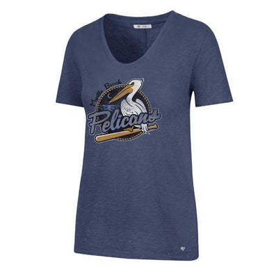 MYRTLE BEACH PELICANS 47 BRAND LADIES BLEACHER BLUE TIDAL VNECK TEE