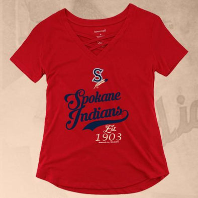 Spokane Indians Ladies Red Caged Front Tee