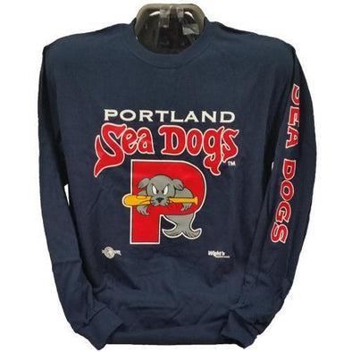 Portland Sea Dogs Logo Long Sleeve Navy Tee with imprint on sleeve