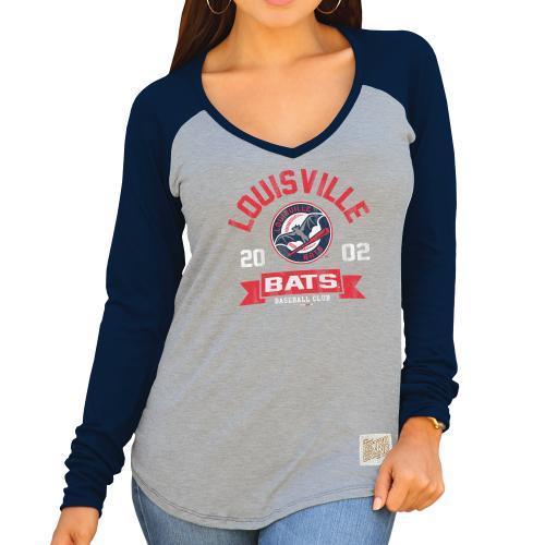 Louisville Bats Women's V-Neck Raglan with LBB Logo in Wht/Navy