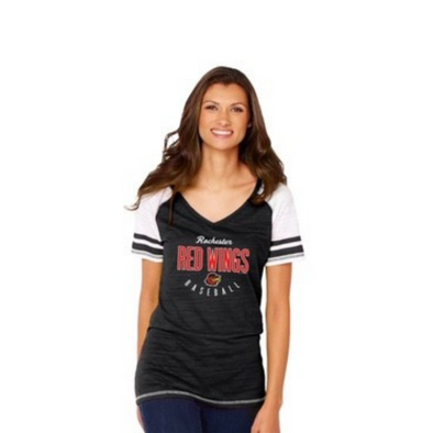 Black and White Women's V-Neck Baseball Tee with Striped Sleeves 