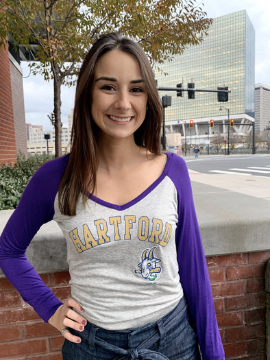 Hartford Yard Goats Women's V Neck Raglan in Purple or Royal