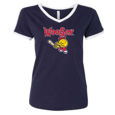 Worcester Red Sox Navy Women's Primary V-Neck Ringer Tee