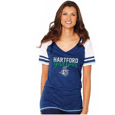 Hartford Yard Goats Soft as a Grape Women's Striped Sleeve Tee in Navy