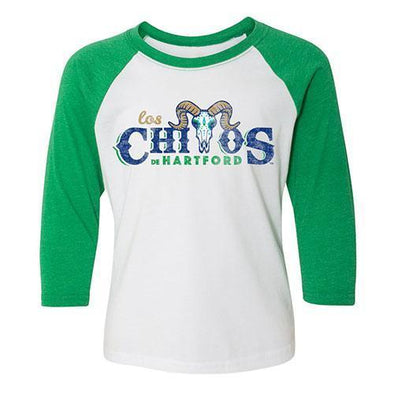 Hartford Yard Goats Youth Los Chivos Raglan in White / Green