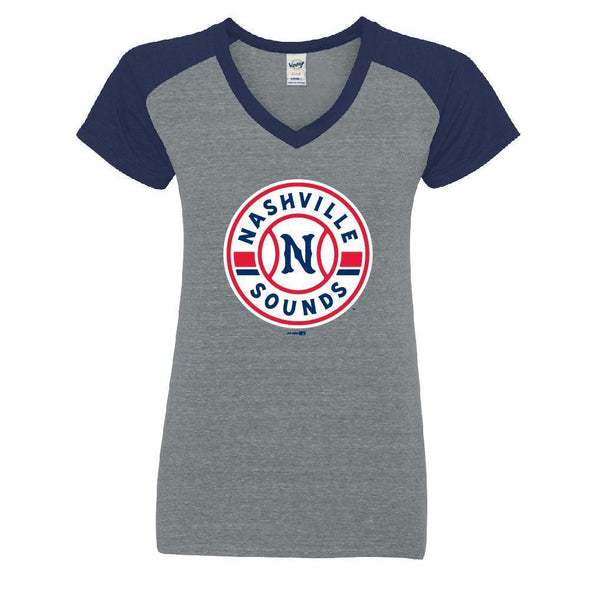 Nashville Sounds Youth Girls Primary Logo Grey & Navy Raglan Tee