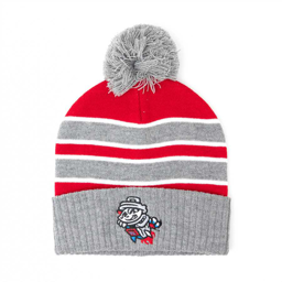 KNIT CAP RED/WHITE/GREY POM