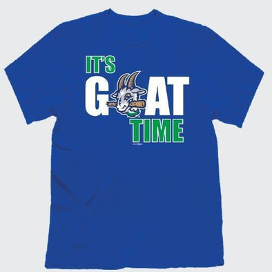 Hartford Yard Goats Adult Retro Brand "It's Goat Time" Tee in Royal Blue